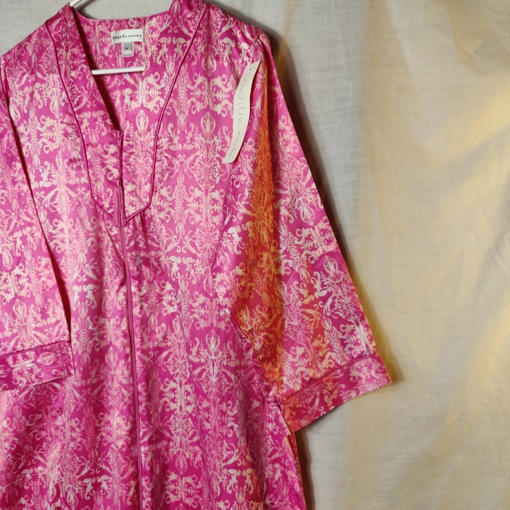 Miss Elaine Pink Satin Damask Robe M Full Zip Tassel Pockets Soft Lounge - Picture 4 of 15